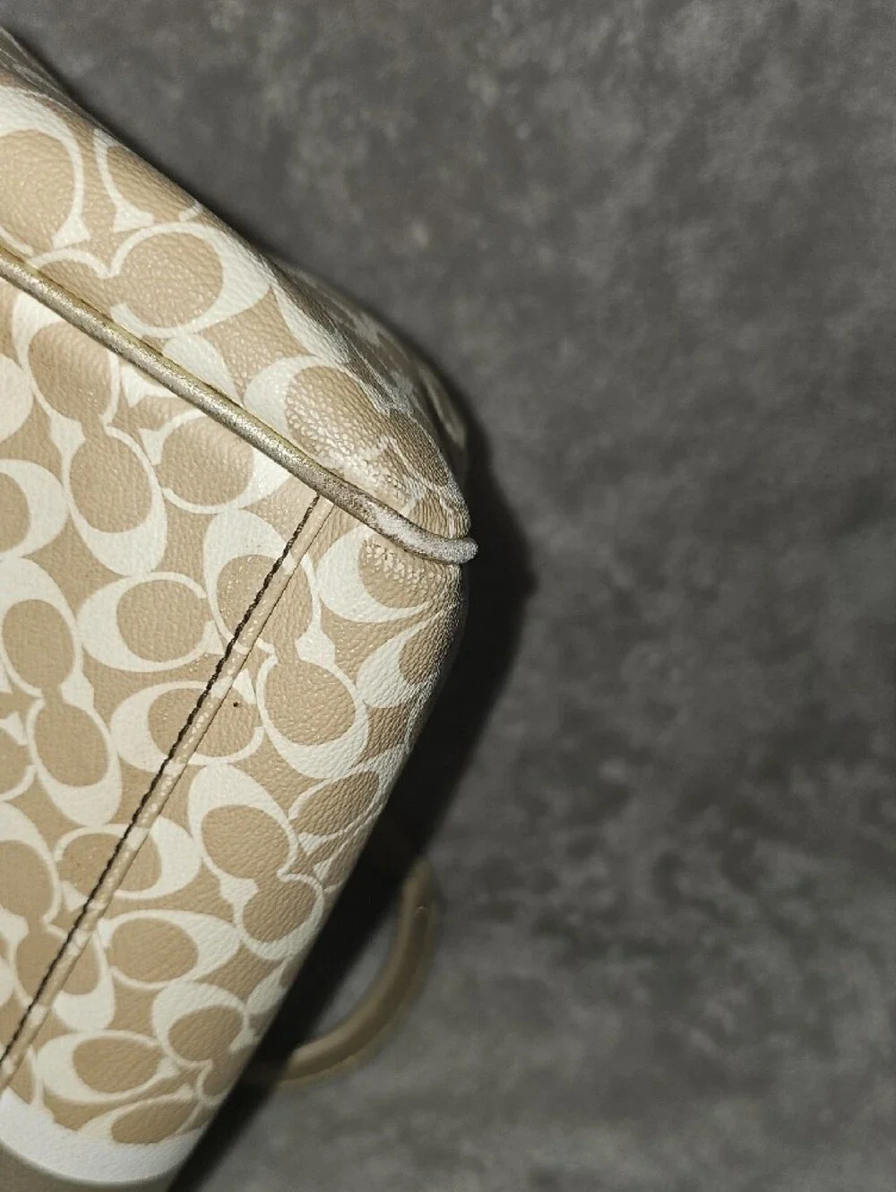 Coach Beige and Gold Boston Signature Stripe Satchel